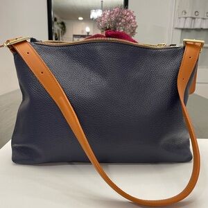 Valentina genuine Leather made in Italy Crossbody Bag in Navy with Tan Strap